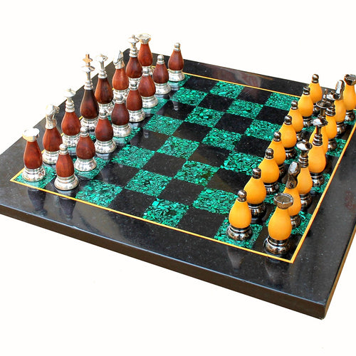 StonKraft Collectible Black Marble and Malachite Chess Board Set + Wooden Brass Combo Chess Pieces - Decorative Stone Chess - Home Decor