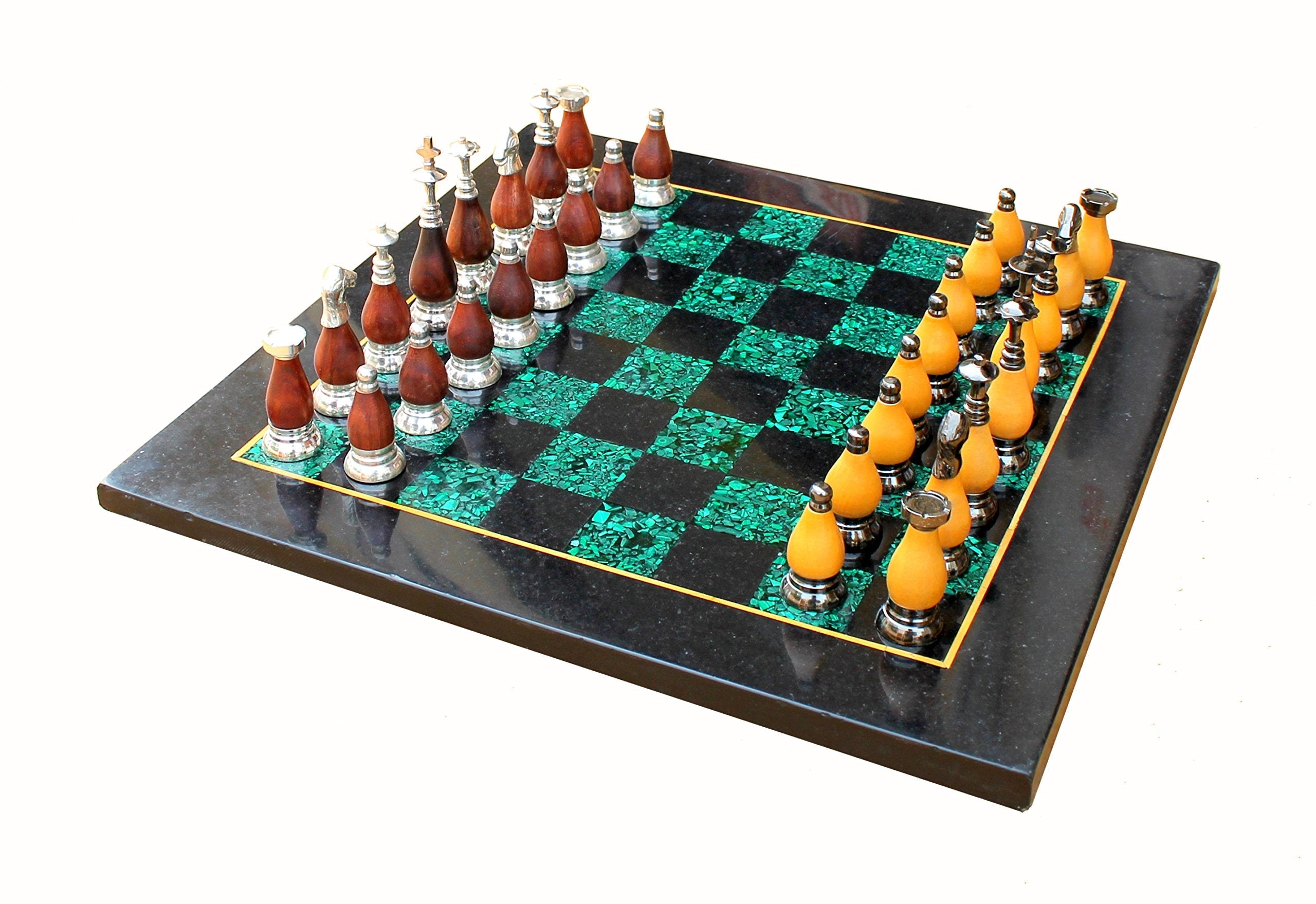 StonKraft Collectible Black Marble and Malachite Chess Board Set + Wooden Brass Combo Chess Pieces - Decorative Stone Chess - Home Decor