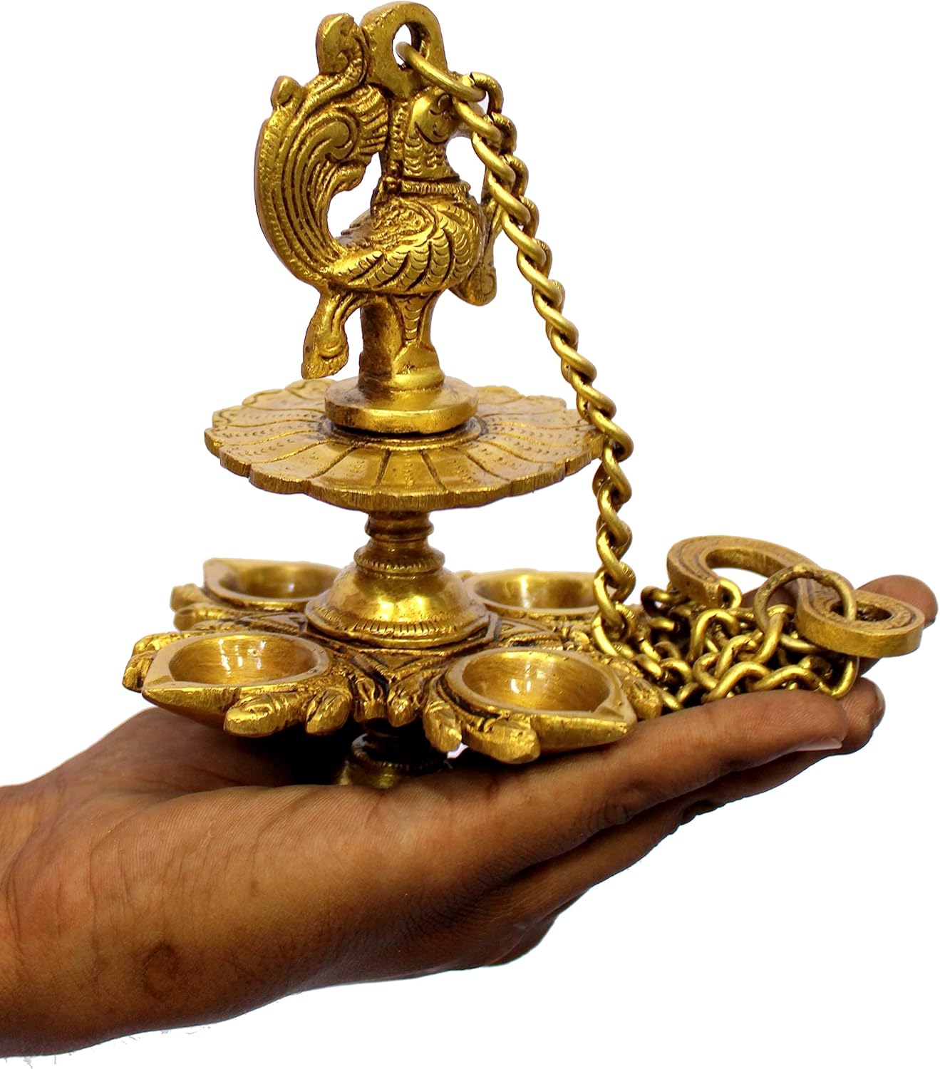 eSplanade Brass Peacock Design 4 Oil Wick Diya Deepam Kuthu Vilakku Oil Lamp for Temple Home | Pooja Articles - Home Decor | Golden - 6" Inches
