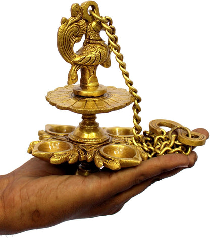 eSplanade Brass Peacock Design 4 Oil Wick Diya Deepam Kuthu Vilakku Oil Lamp for Temple Home | Pooja Articles - Home Decor | Golden - 6" Inches