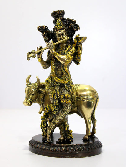 eSplanade Brass - Krishna with Cow Krishan Kishan Murti Idol Statue Sculpture | Pooja Idols | Home Decor -10" Inches - Golden Brown