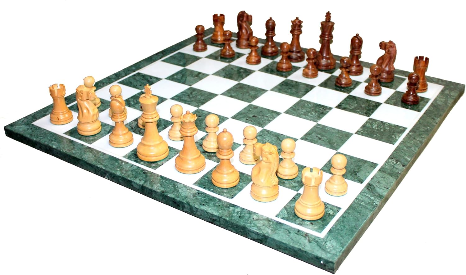 StonKraft Collectible Green Marble Chess Board Set + Brass Wooden Combo Pieces Pawns - Decorative Stone Chess - Home Decor
