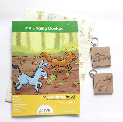 IVEI Panchatantra Kids Learning Book - Workbook and 2 DIY Keychains of Panchatantra Story - Colouring Activity Worksheets - Creative Fun Activity and Education For Kids - The Singing Donkey ( Age 4 to 7 Years )