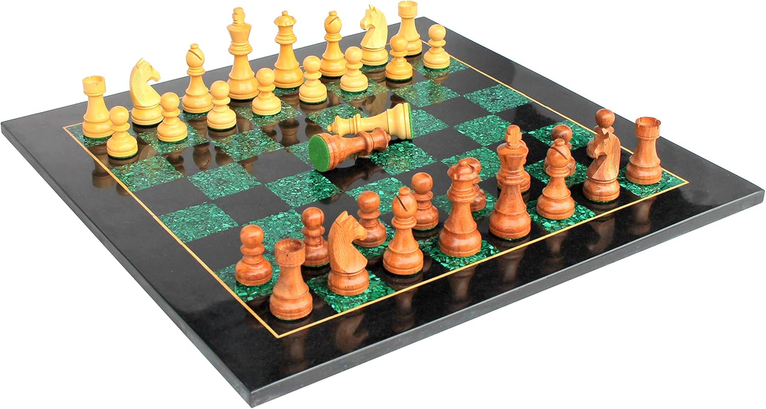 StonKraft Collectible Black Marble and Malachite Chess Board Set + Wooden Brass Combo Chess Pieces - Decorative Stone Chess - Home Decor