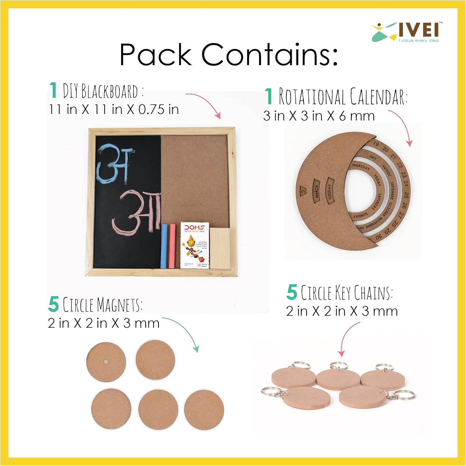 IVEI DIY MDF DIY Blackboard Pack with Rotational Calendar, 5 Round Magnets and 5 Round Keychains