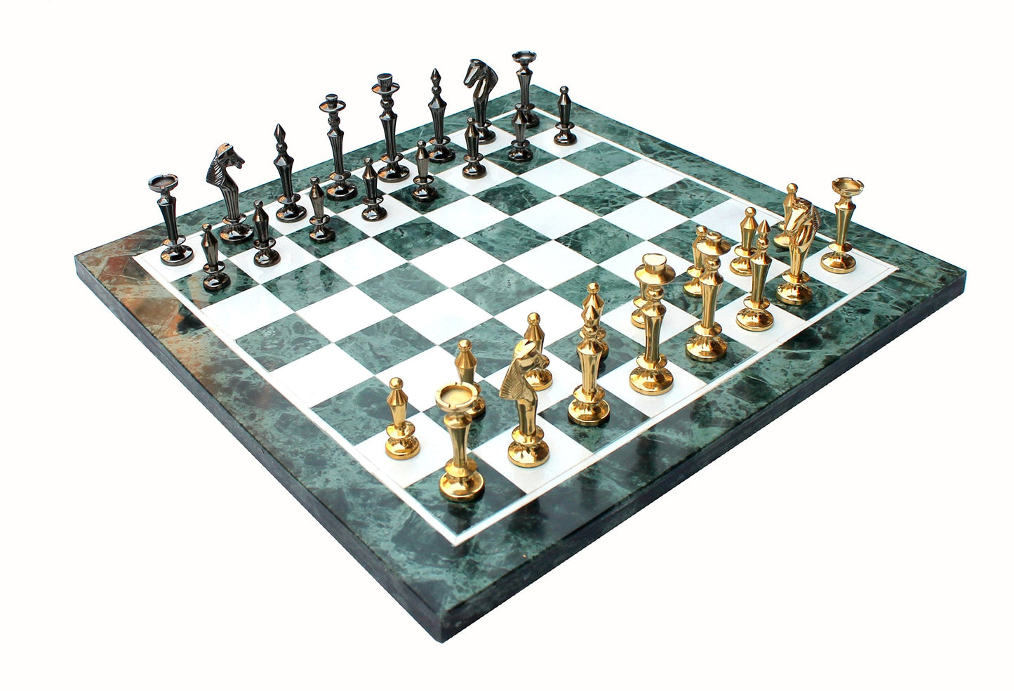 StonKraft Collectible Green Marble Chess Game Board Set + Brass Crafted Pieces - Decorative Stone Chess - Home DŽcor - 15" Inches