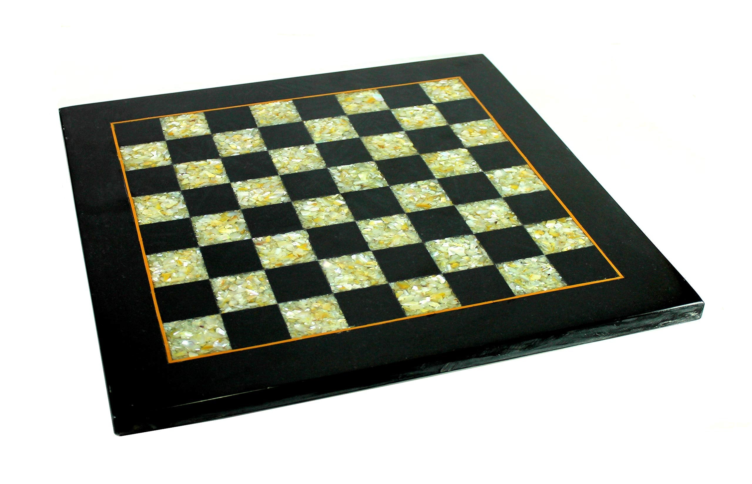 StonKraft Collectiblck e Black Marble & (MOP) Mother of Pearl Chess Board Set + Brass Chess Pieces - Decorative Stone Chess - Home Decor - 15" Inches
