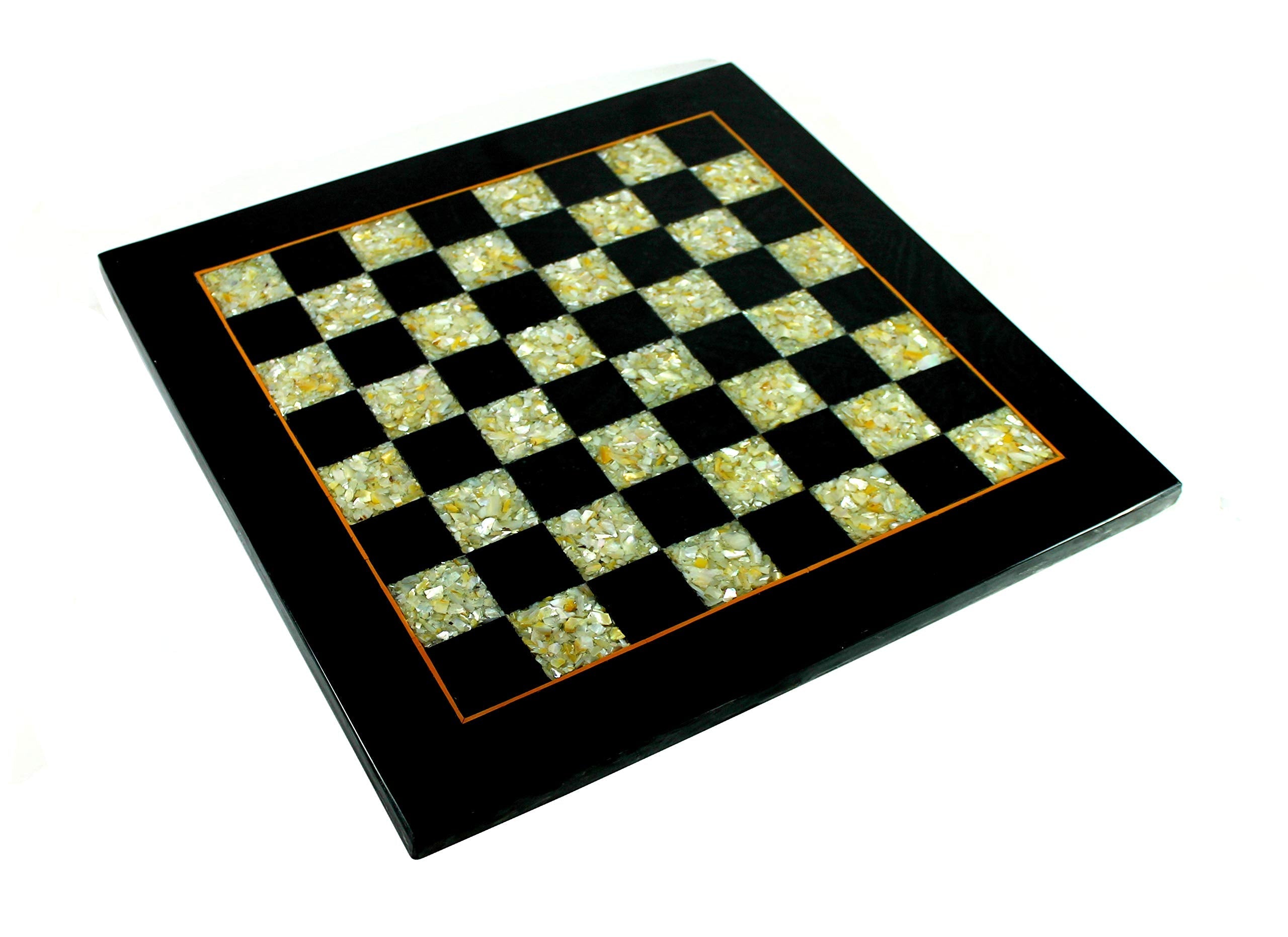 StonKraft Collectiblck e Black Marble & (MOP) Mother of Pearl Chess Board Set + Brass Chess Pieces - Decorative Stone Chess - Home Decor - 15" Inches