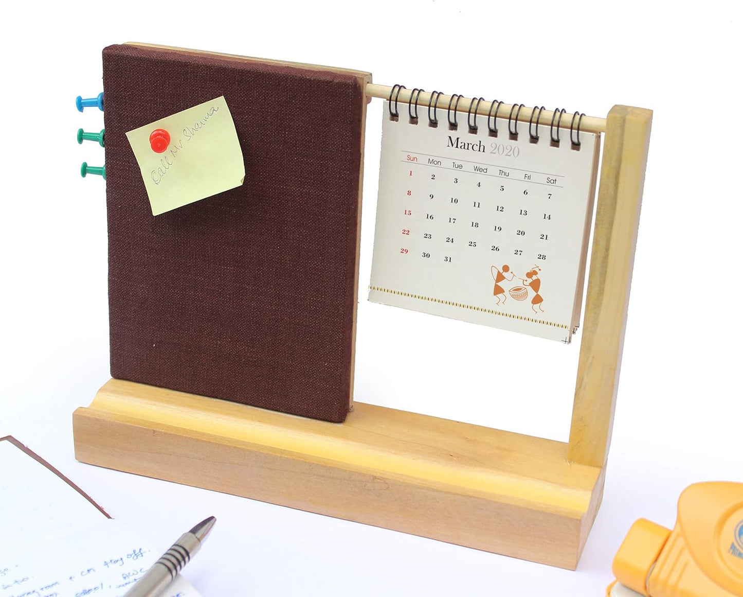 IVEI Warli Utility Desk Calendar with a Dark Brown pinboard - Desk Organizer - Office Calendar (Dark Brown)