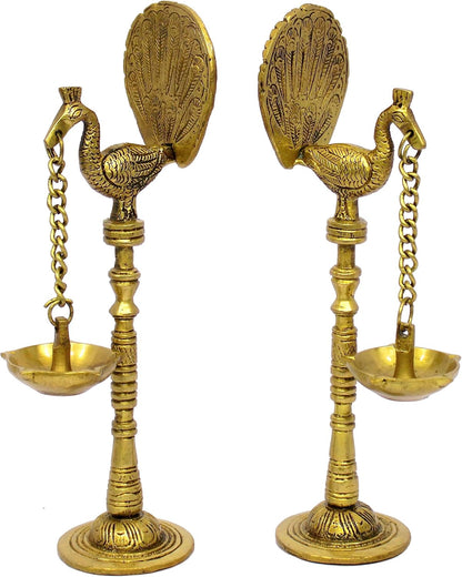 eSplanade Brass Peacock Diya Pair Oil Lamp Diya Deepam Kuthu Vilakku (Set of 2) for Temple Home | Pooja Articles - Home Decor | Golden - 9" Inches