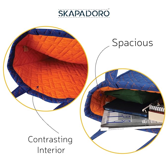 SKAPADORO Quilted Cotton Tote Bag, Multipurpose Hand Bag for Women, Girls For Shopping Travel College, Office, Everyday Use Shoulder Bag, Washable & Eco-friendly - Blue & Green Design