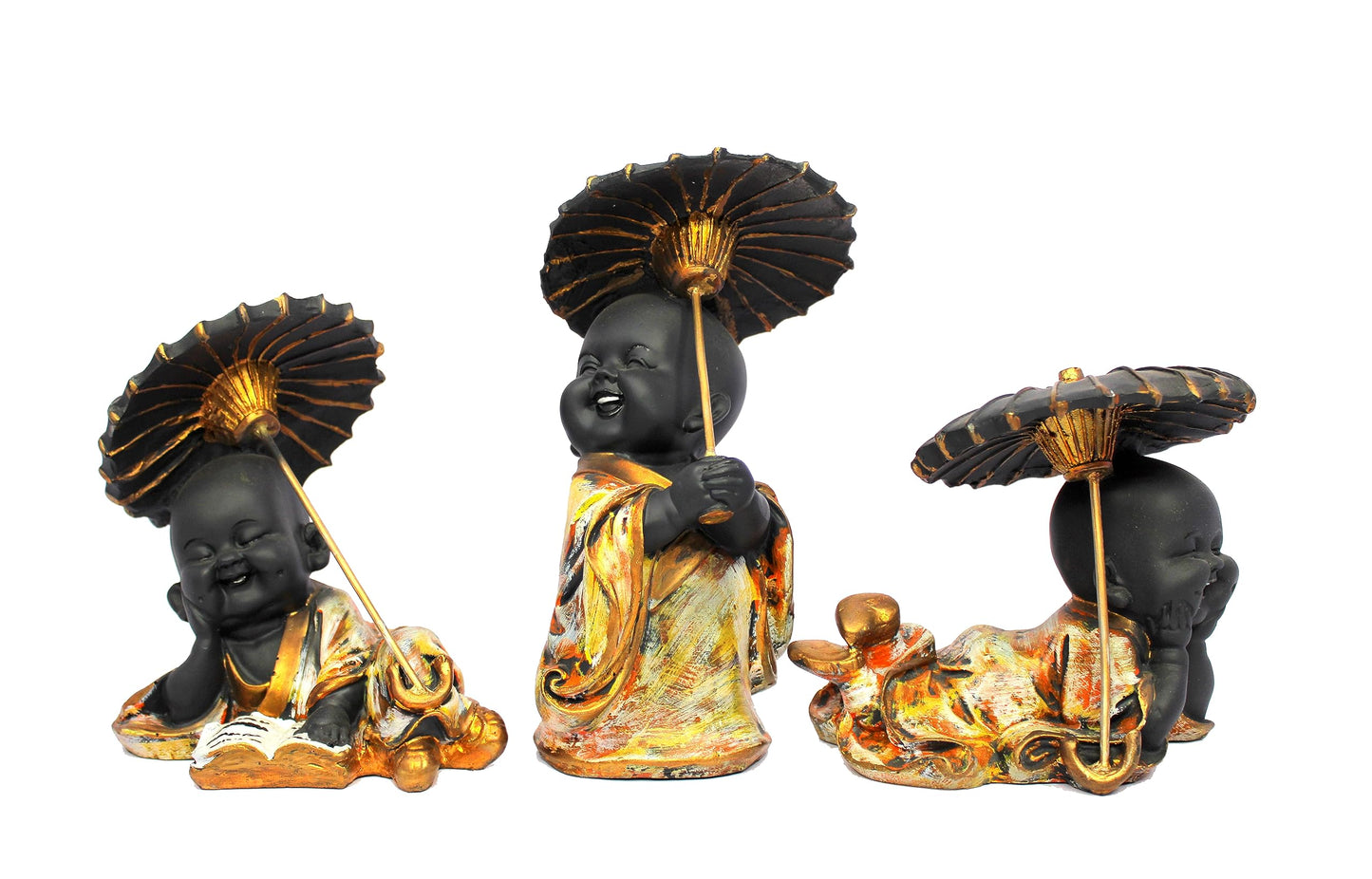 eSplanade Happy Buddha Monk Statues with Umbrella | Feng Shui Monk Figurine Showpiece - Set of 3 - Home Decor | Resin - Multi - 6.75" Inches