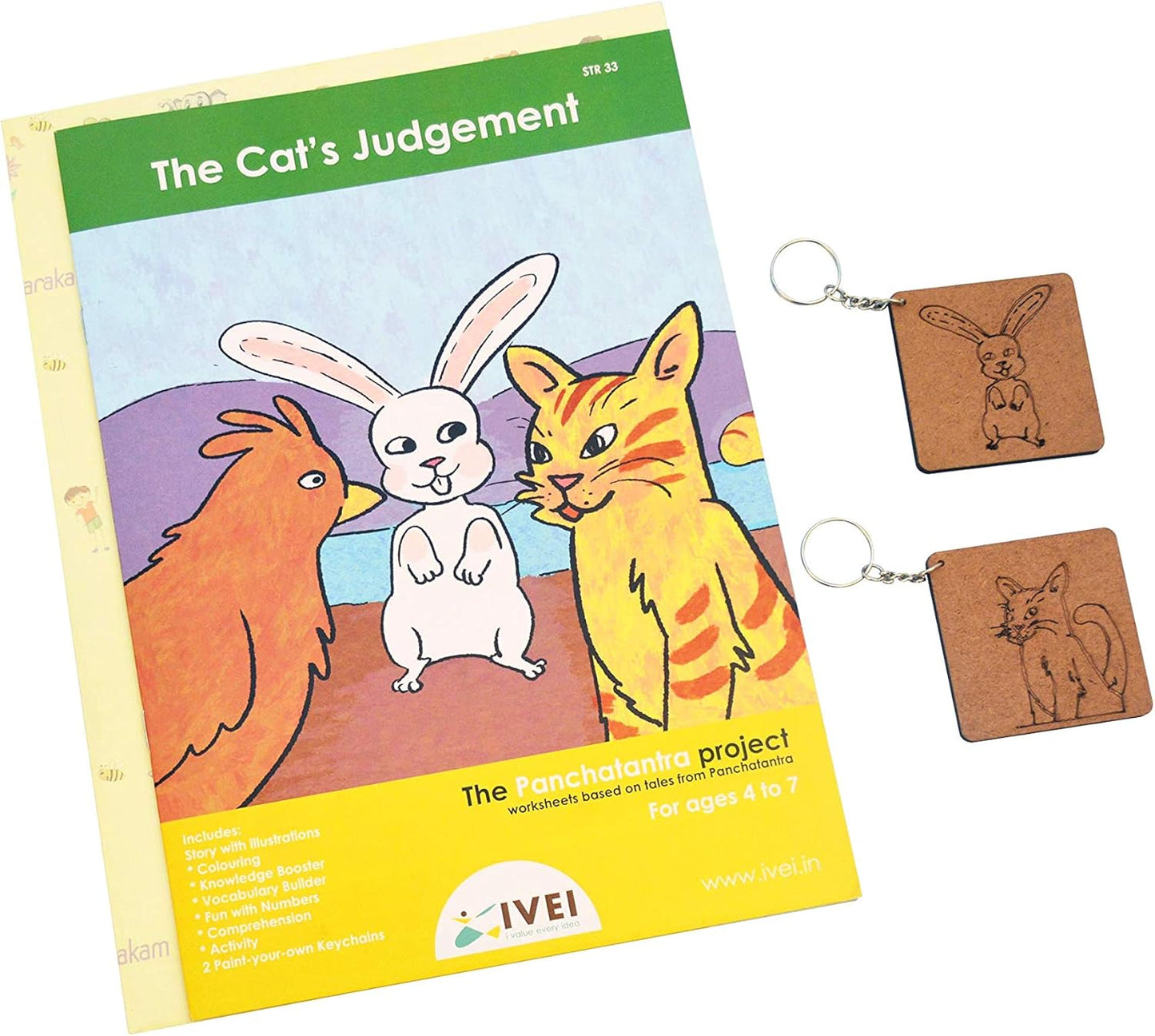 IVEI Panchatantra Story Kids Learning Book - Workbook and 2 DIY Keychains - Colouring Activity Worksheets - Creative Fun Activity and Education for Kids - The Cat's Judgement (Age 4 to 7 Years)