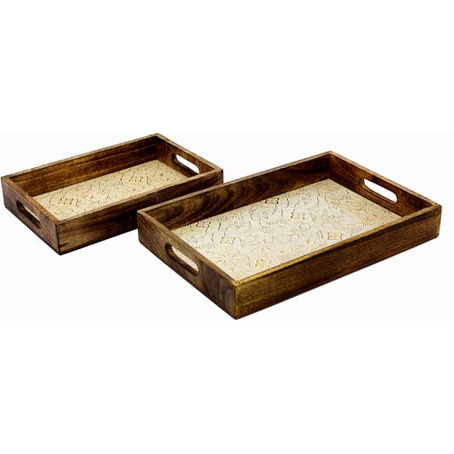 eSplanade KLEO Wooden Engraved Serving Tray - Set of 2 - Serveware Tableware - Wood with Foil Work - 14