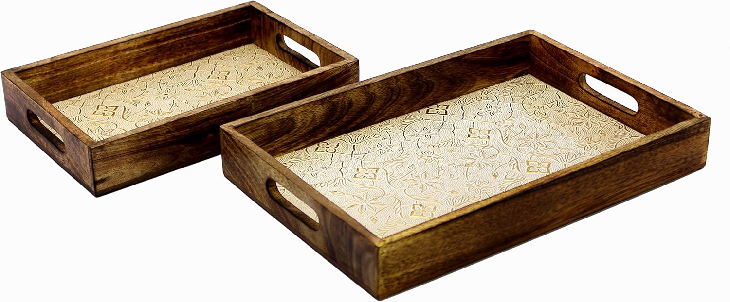 eSplanade KLEO Wooden Engraved Serving Tray - Set of 2 - Serveware Tableware - Wood with Foil Work - 14" Inches - Brown