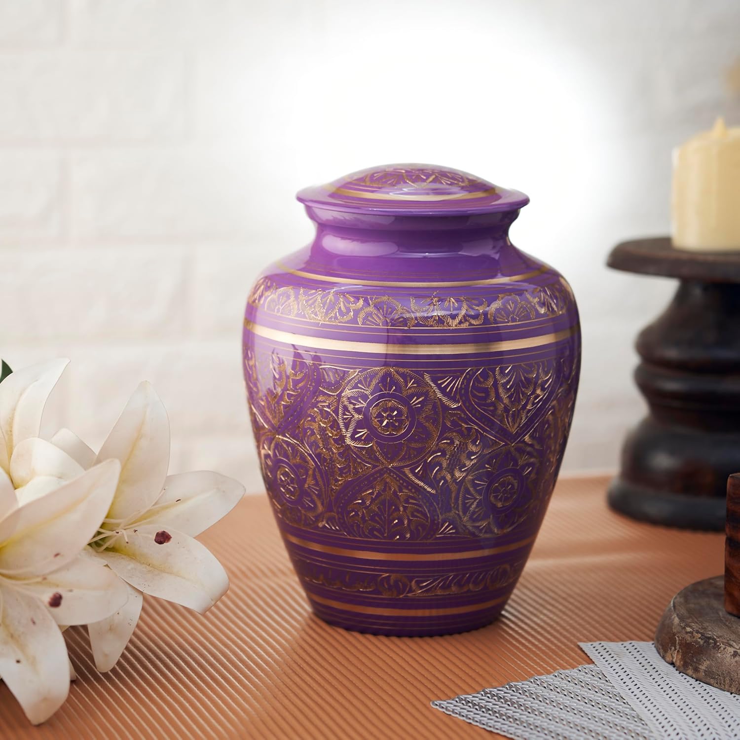 Esplanade Brass Urn for Ashes Adult Male Female – 8.5" Cremation Urn for Human Ashes, Full Size Large Urn, Engraved Geometric Floral Purple Colour, Funeral Vase with Velvet Bag - for 65kg Adult