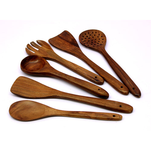 KLEO - Set of 5 Spoons - Solid Wooden Spoons & Turner Set | Serving Spoons | Salad Spoons | Ladles | Cutlery Set | Cooking Spoons