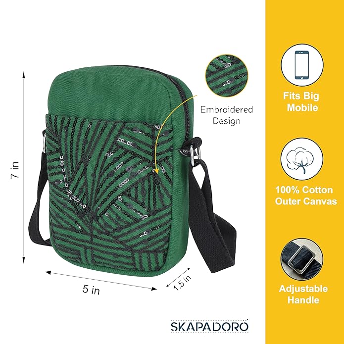 SKAPADORO Canvas Mobile Cross Body Sling Bag for Girls Women,100% Cotton, Sequence Embroidery, Zip Closure, Pocket, Adjustable Strap, Compact Everyday Bag - Bling it on (Green)