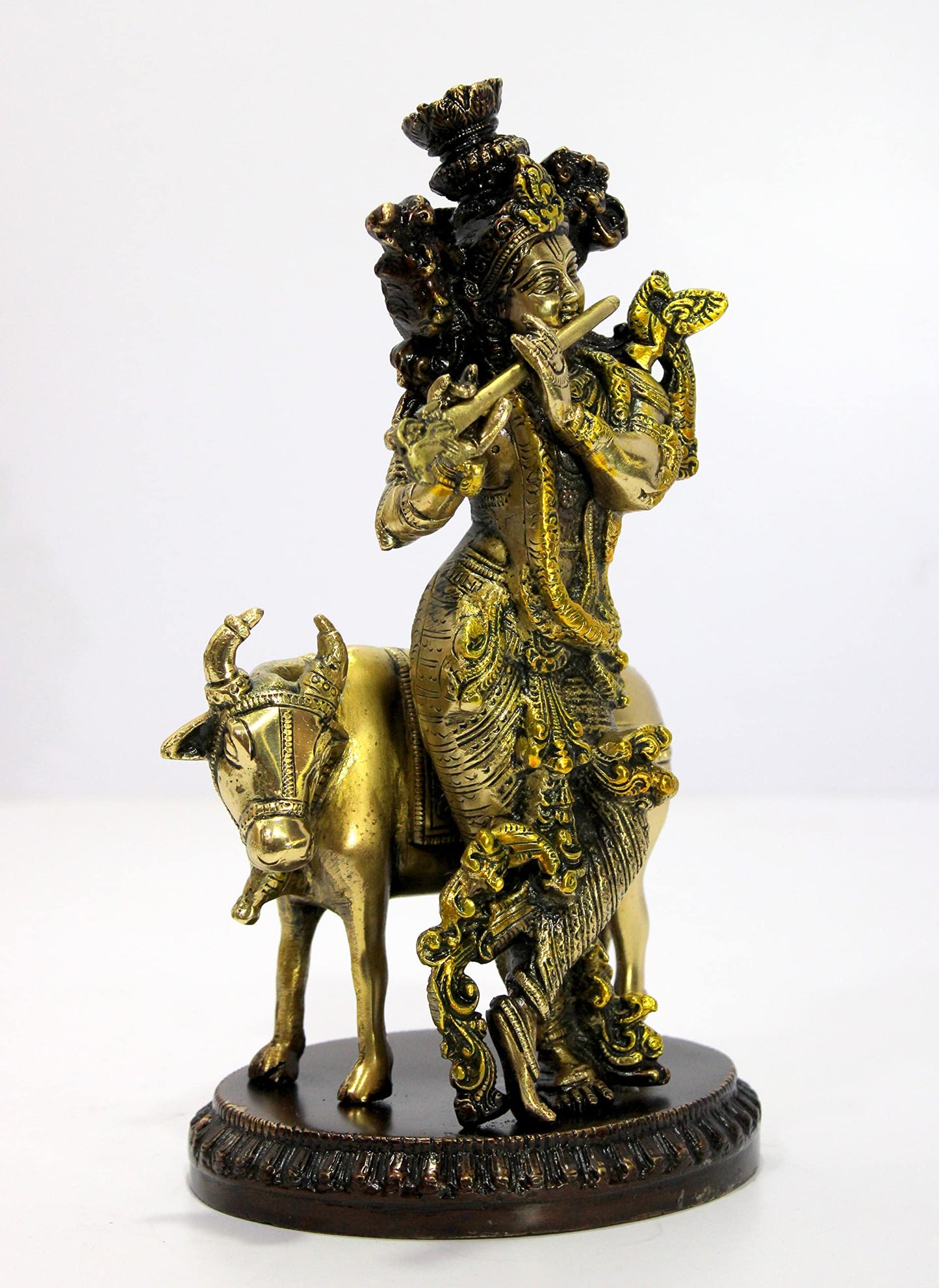 eSplanade Brass - Krishna with Cow Krishan Kishan Murti Idol Statue Sculpture | Pooja Idols | Home Decor -10" Inches - Golden Brown