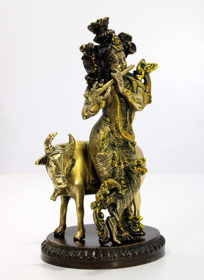 eSplanade Brass - Krishna with Cow Krishan Kishan Murti Idol Statue Sculpture | Pooja Idols | Home Decor -10" Inches - Golden Brown