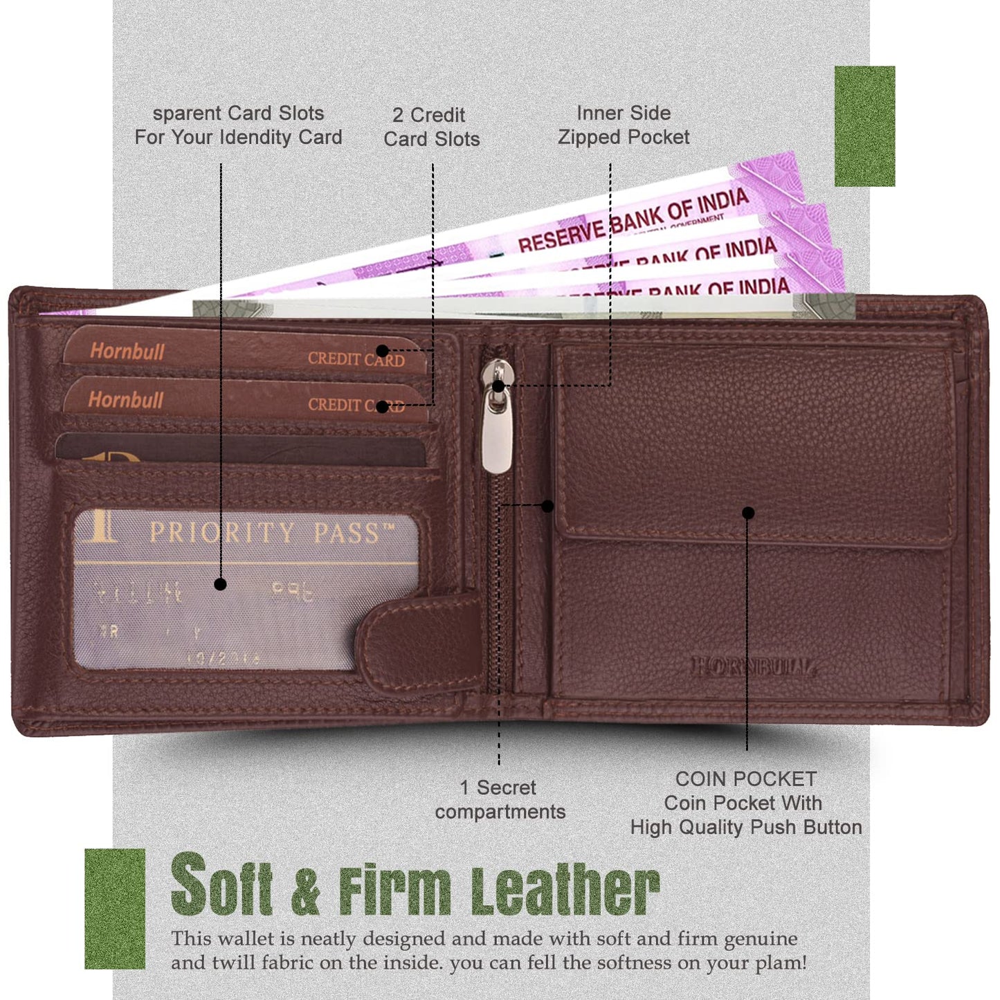 HORNBULL Denial Brown Leather Wallet for Men | Wallets Men with RFID Blocking | Mens Wallet Leather