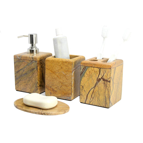 KLEO - Bathroom Accessory Set Made from Natural Stone - Bath Accessories Set of 4 Includes Soap Dispenser, Toothbrush Holder, Tumbler and Soap Dish (Black, Brown)