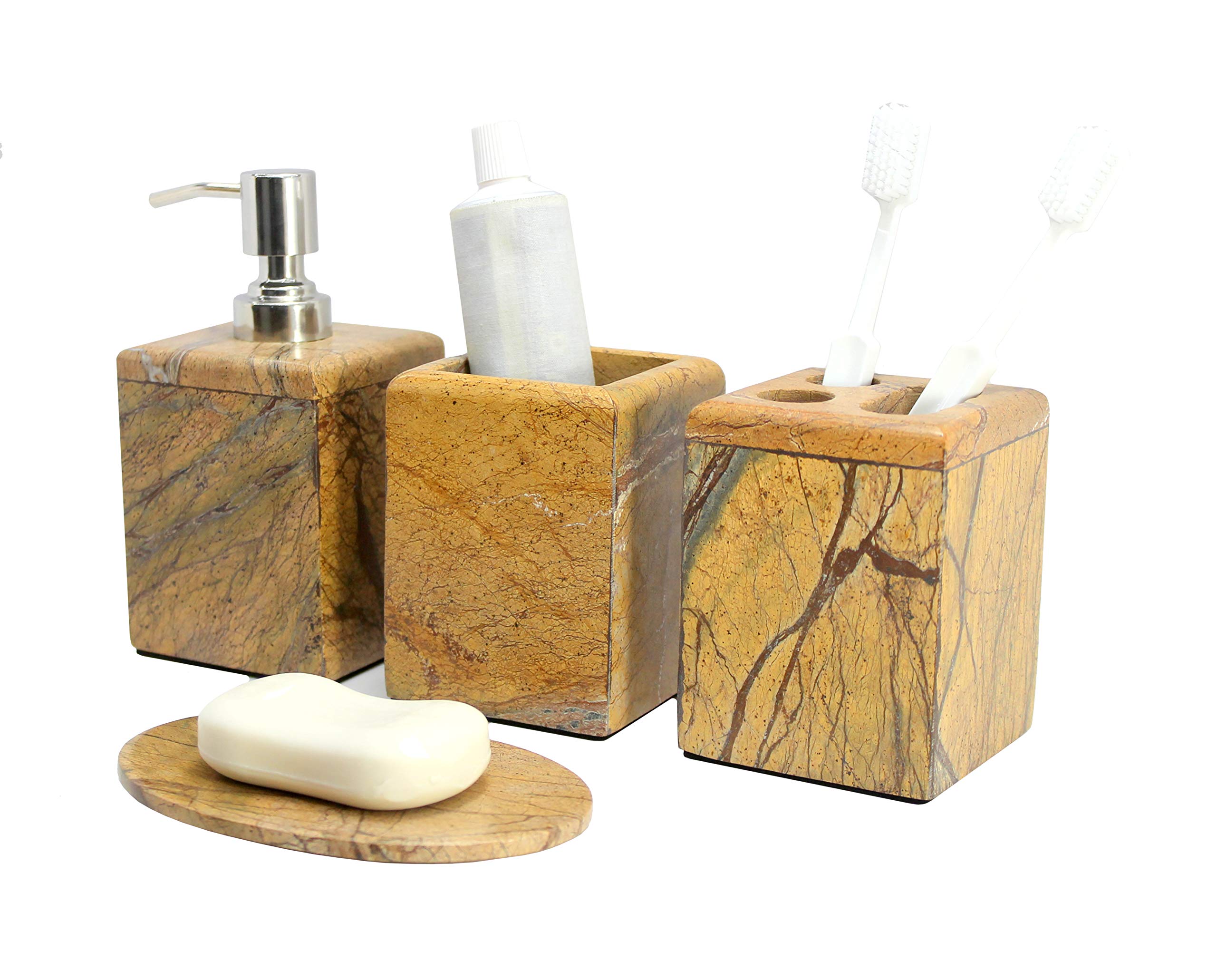 KLEO - Bathroom Accessory Set Made from Natural Stone - Bath Accessories Set of 4 Includes Soap Dispenser, Toothbrush Holder, Tumbler and Soap Dish (Black, Brown)