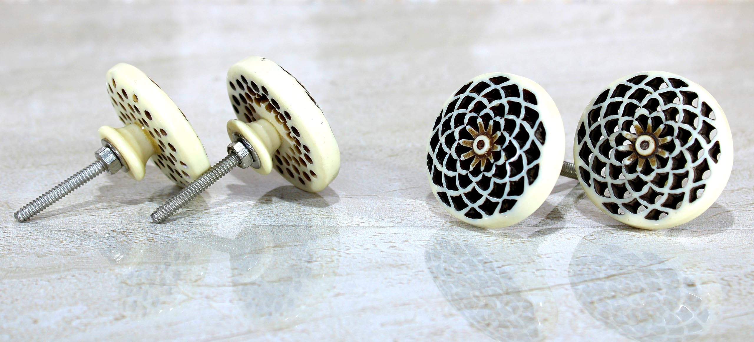 eSplanade Cupboard Cabinet Door Decorative Knobs - Set of 4 | Drawer Handles Cupboard Pulls Almirah Hooks | Round-Floral - Acrylic Plastic - Diameter 4 cms - White-Black (Floral Knob 1-12)