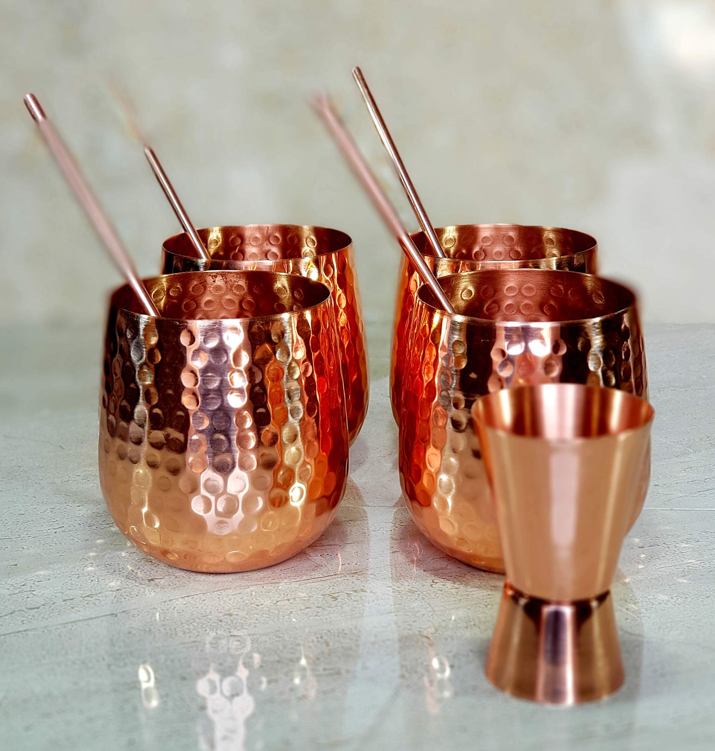 eSplanade Moscow Mule Cocktail Copper Mugs - Set of 4 Mugs, 4 Copper Straws, and a Peg Measurer (HAMMERED BRASS HANDLE)