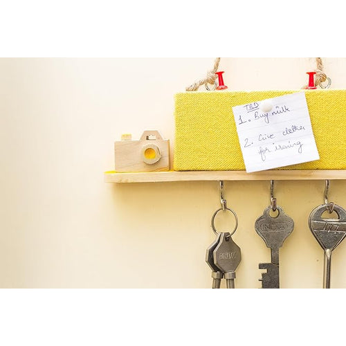 ESPLANADE Key Holder with Mini Pinboard - Stylish Wooden Key Holder with Pin-up Board - Key Organizer Wall Hooks - for Wall/Home/Office Decor with Handcrafted Camera - Yellow