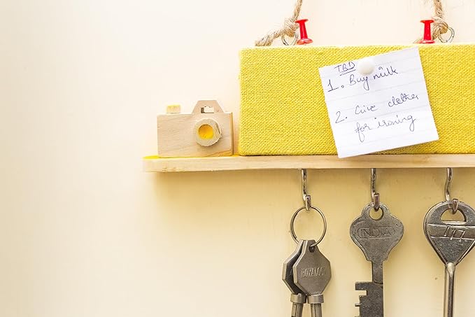 ESPLANADE Key Holder with Mini Pinboard - Stylish Wooden Key Holder with Pin-up Board - Key Organizer Wall Hooks - for Wall/Home/Office Decor with Handcrafted Camera - Yellow