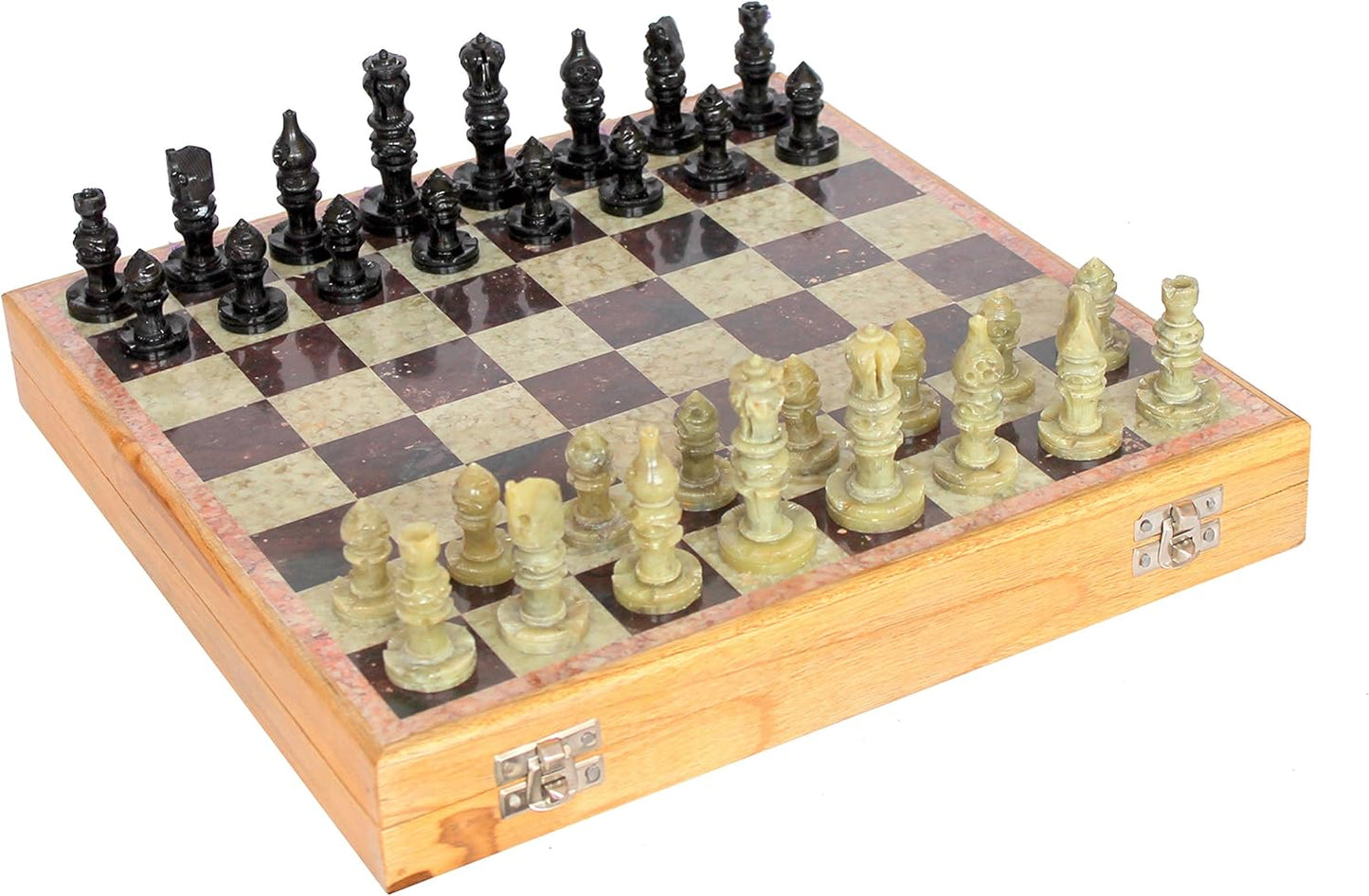 StonKraft Handcarved Chess Board with Wooden Base - Stone Inlaid Work - Chess Game Board Set