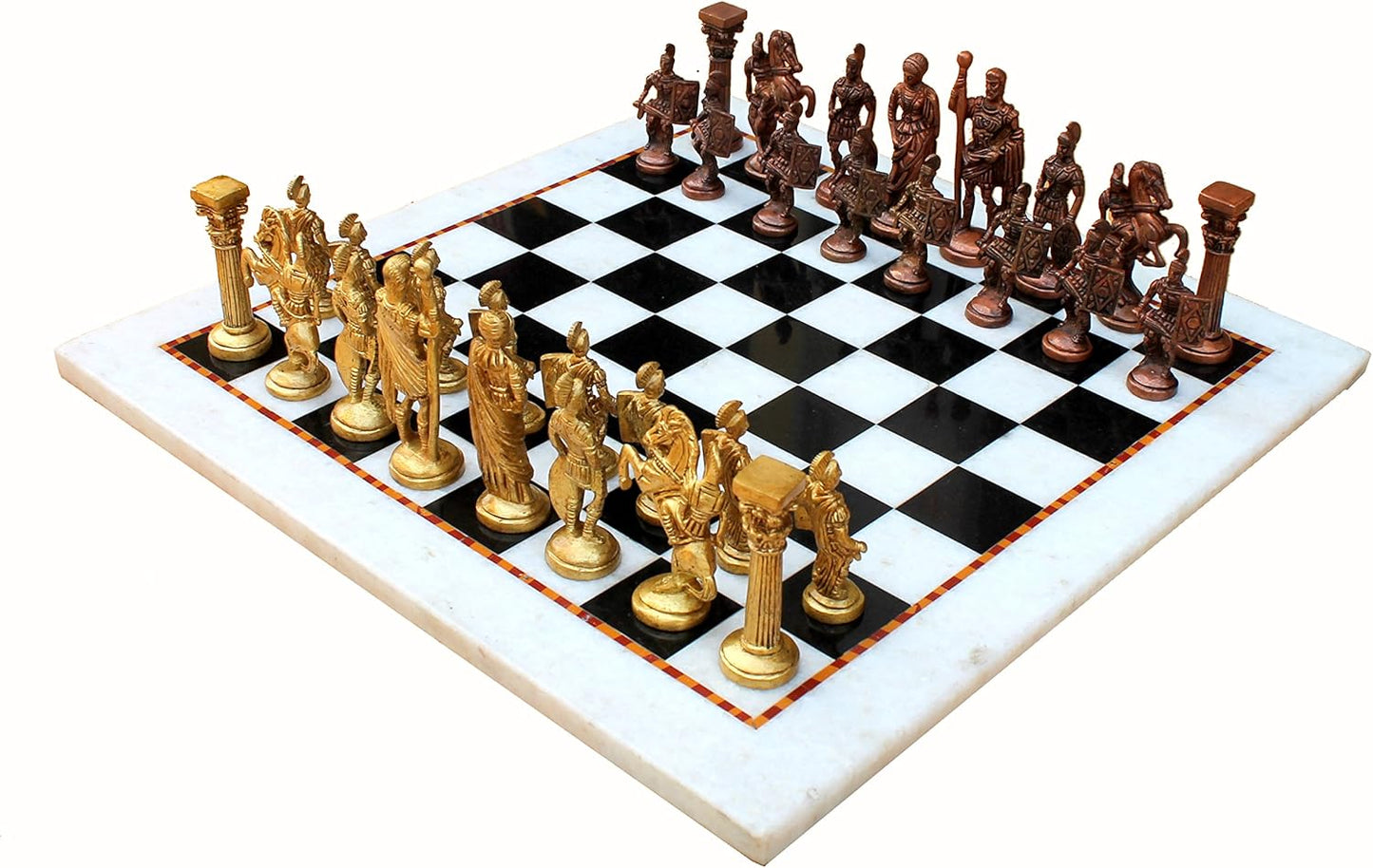 Stonkraft Collectible White & Black Marble Chess Board Set + Brass Roman Pieces - Decorative Stone Chess - Home DŽcor - 15" Inches