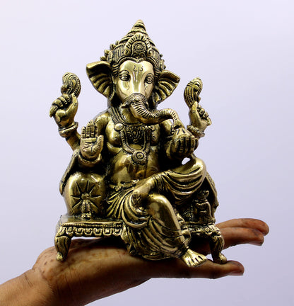 eSplanade Brass Chowki Ganesh Ganesha Ganpati Vinayak Showpiece | Murti Idol Statue Sculpture - 8.25" Inches