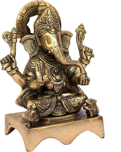 ESPLANADE Brass Chowki Ganesh Ganesha Ganpati Vinayak Showpiece Murti Idol Statue Sculpture - Golden -7.75" Inches