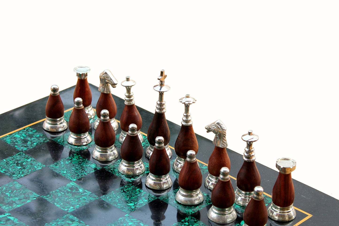 StonKraft Collectible Black Marble and Malachite Chess Board Set + Wooden Brass Combo Chess Pieces Pawns - Decorative Stone Chess - Home DŽcor - 15" Inches