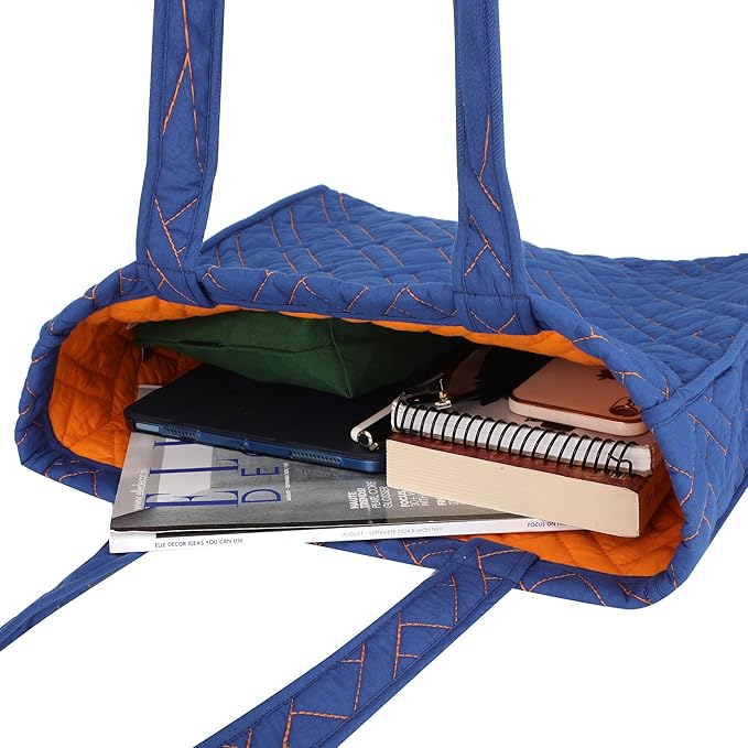 SKAPADORO Quilted Cotton Tote Bag, Multipurpose Hand Bag for Women, Girls For Shopping Travel College, Office, Everyday Use Shoulder Bag, Washable & Eco-friendly - Blue & Green Design