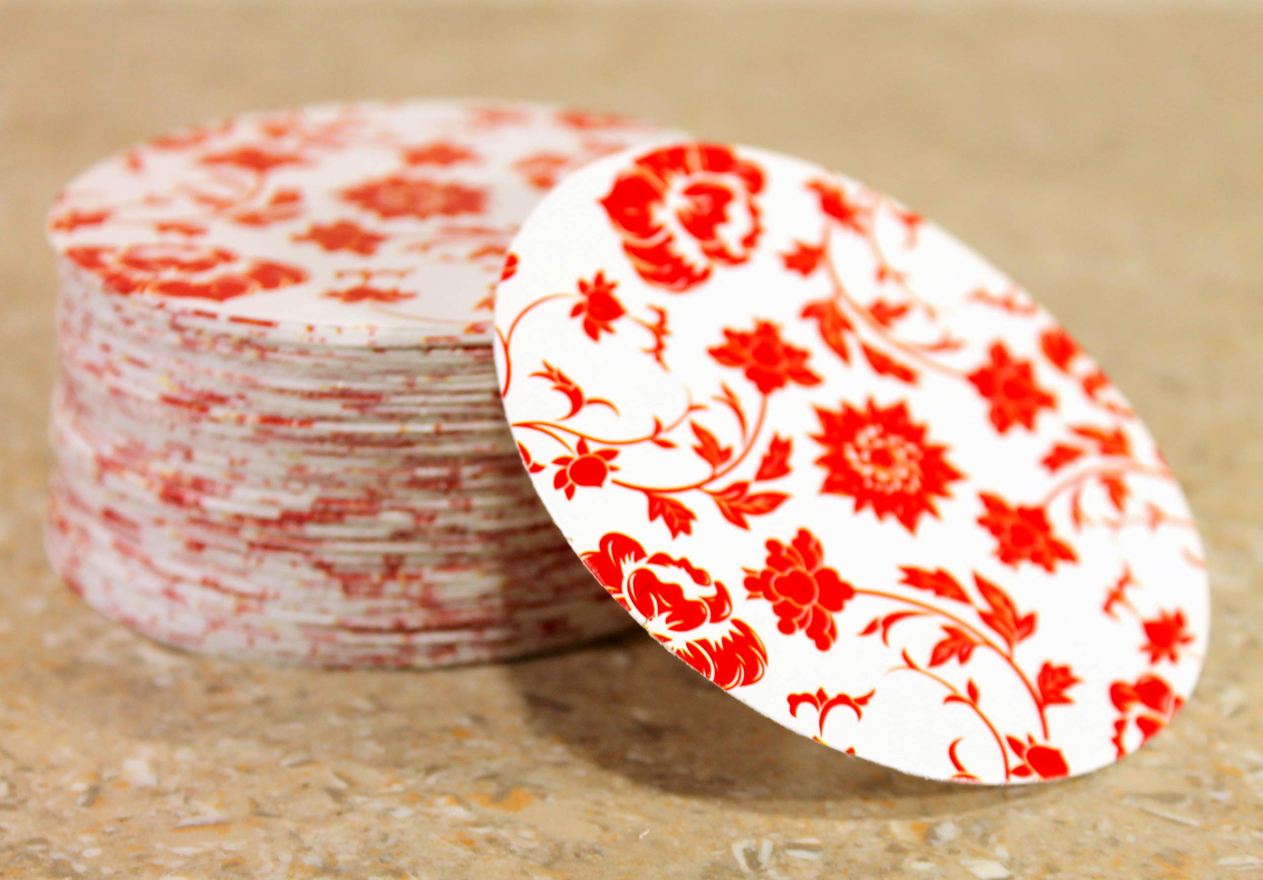 eSplanade Disposable Printed Paper Coasters - Use and Throw Reversible Round Paper Coasters - Set of 100 - Red & Black Floral