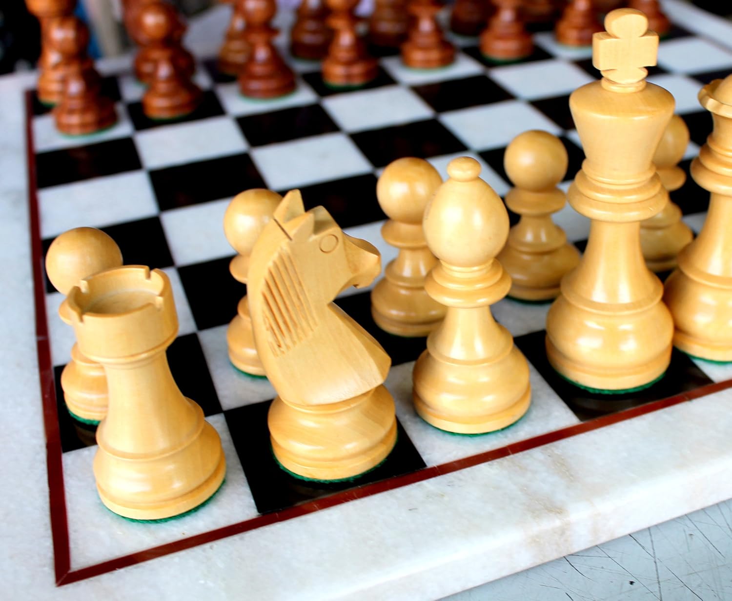 StonKraft Collectible White & Black Marble Chess Board Set + Brass Chess Pieces Pawns - Decorative Stone Chess - Home Decor - 15" Inches