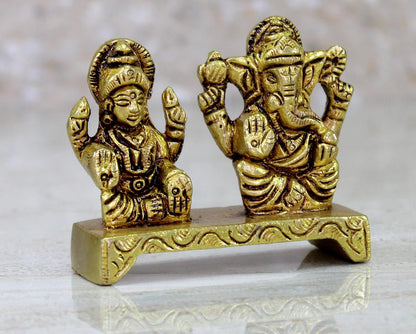 eSplanade Brass Laxmi Ganesh Idol | Ganesha Lakshmi Religious Figurine Hindu God Sculpture Murti Statue | Diwali/Workplace/Office - 2 Inches Height