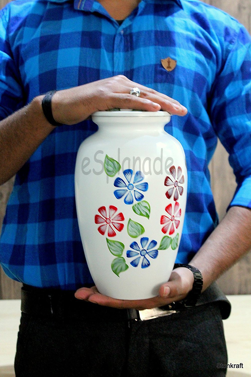 eSplanade Metal Cremation Urn Memorial Jar Pot Container | Full Size Urn for Funeral Ashes Burial | Flowers Printed Urn | Blue, Brown, Multicolor - 10" Inches