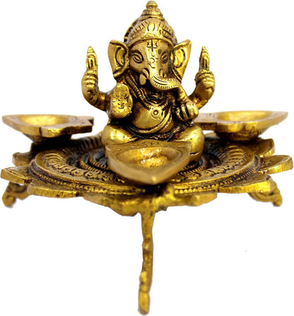 eSplanade Brass Ganesha Ganesh Murti Idol on Lotus with Three Leaves Design Diya Deepak Showpiece - Golden - 4" Inches