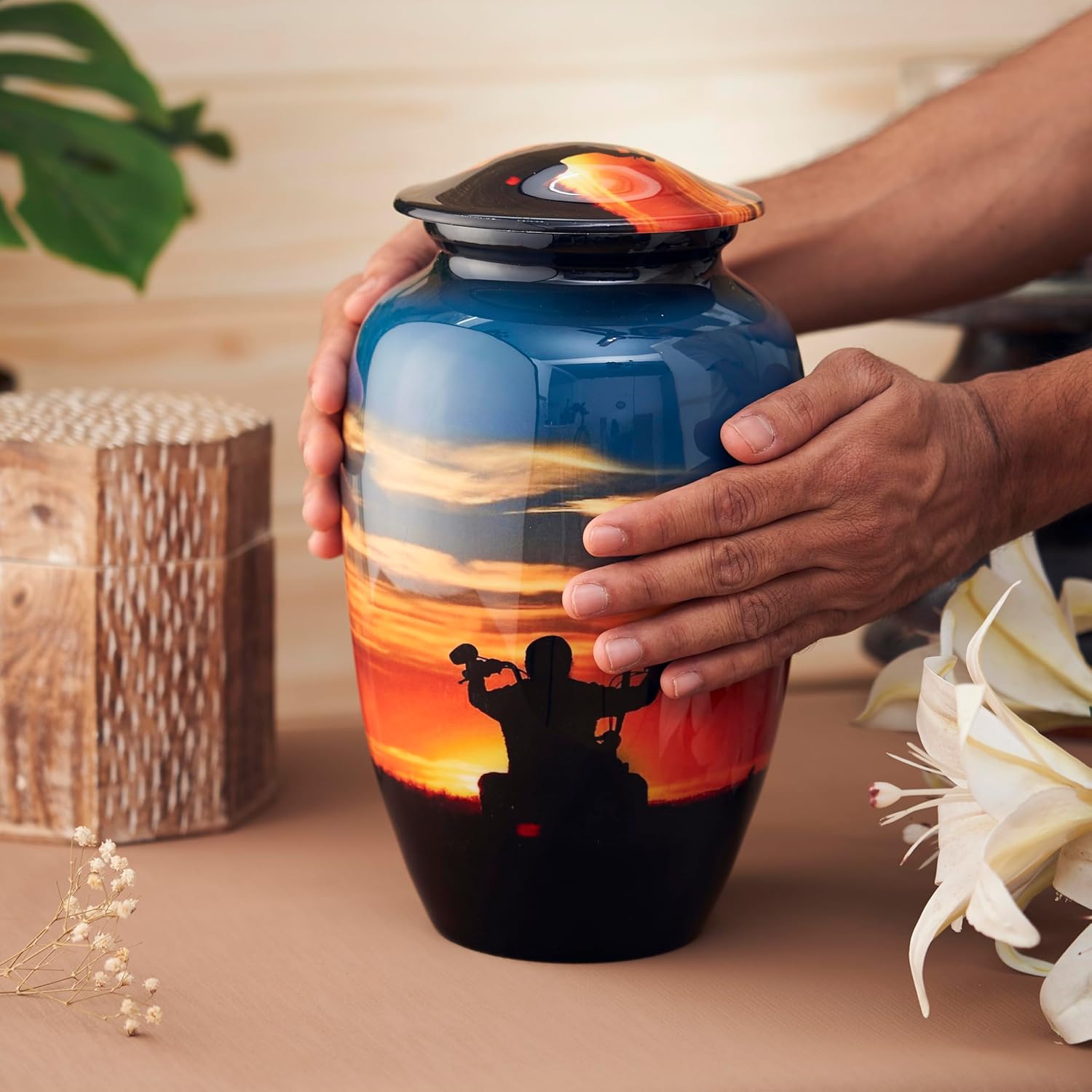 Esplanade Metal Urn for Ashes Adult Male Female – 10" Cremation Urn for Human Ashes, Full Size Large Urn, Sunset Orange Blue ERN with Bike, Funeral Vase with Velvet Bag - for 80kg Adult