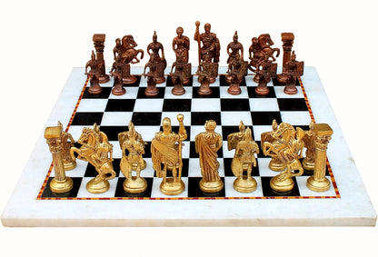 Stonkraft Collectible White & Black Marble Chess Board Set + Brass Roman Pieces - Decorative Stone Chess - Home DŽcor - 15" Inches