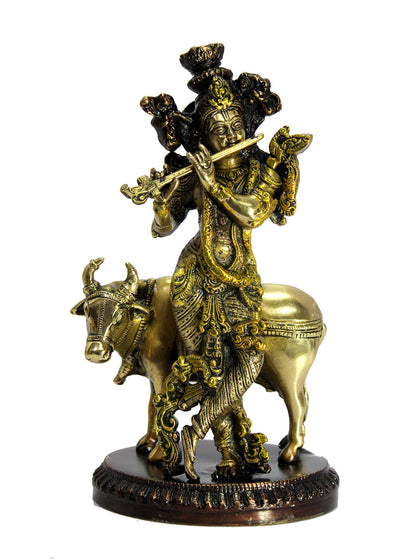 eSplanade Brass - Krishna with Cow Krishan Kishan Murti Idol Statue Sculpture | Pooja Idols | Home Decor -10" Inches - Golden Brown