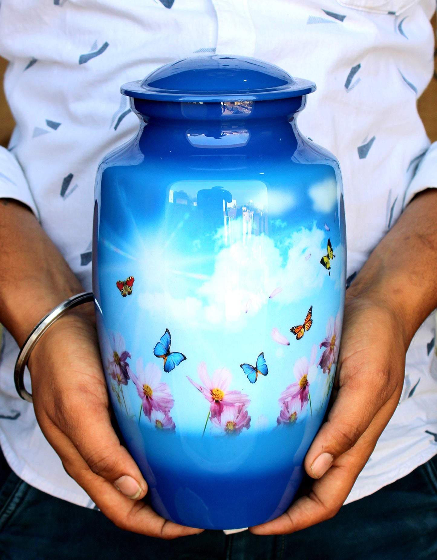 eSplanade Metal Cremation Urn Memorial Jar Pot Container | Full Size Urn for Funeral Ashes Burial | Colorful Butterflies Print | White - 10" Inches