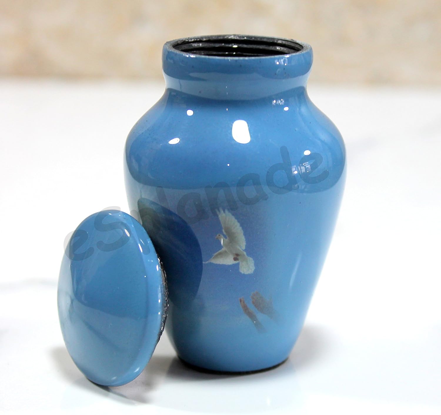 eSplanade Metal Mini Cremation Urn Keepsake Memorial Jar Pot Container |Small Urn for Funeral Ashes Burial | White Pigeon Printed Keepsake | Blue - 3" Inches