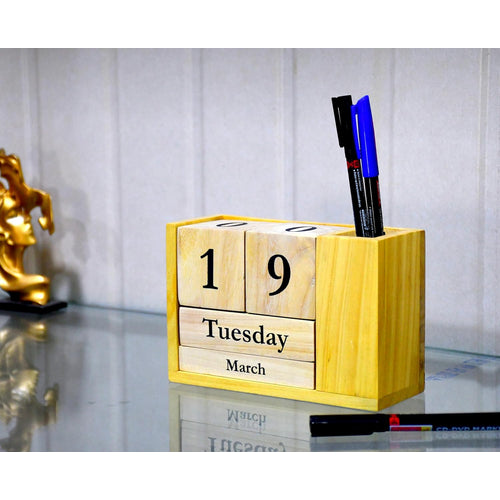 IVEI Wooden Desk Calendar with Pen Holder - Perpetual Calendar, Minimal Organizer for Study Table, Office Table Decoration Items Showpieces, Stationery Items