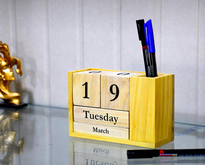 IVEI Wooden Desk Calendar with Pen Holder - Perpetual Calendar, Minimal Organizer for Study Table, Office Table Decoration Items Showpieces, Stationery Items