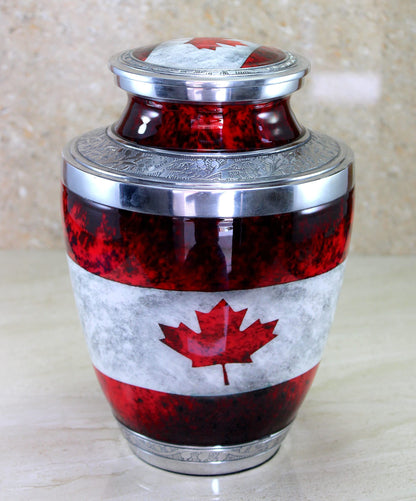 eSplanade Metal Cremation Urn Memorial Jar Pot Container | Full Size Urn for Funeral Ashes Burial | Maple Leaf Print | White-Red - 10" Inches